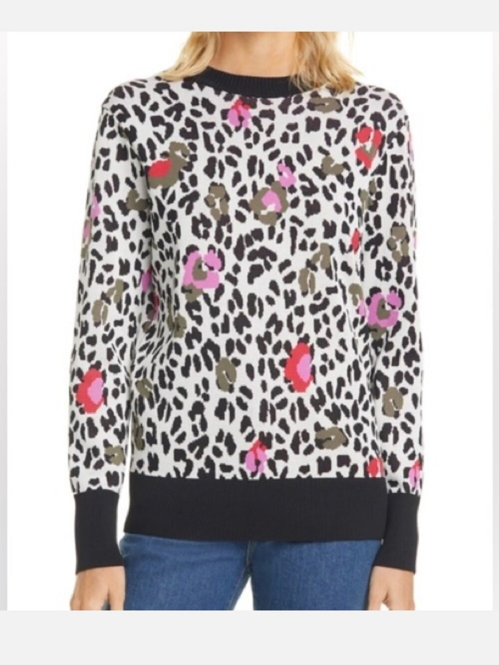 Ted Baker Leopard Print Crewneck Sweater with Pink & Red Accents